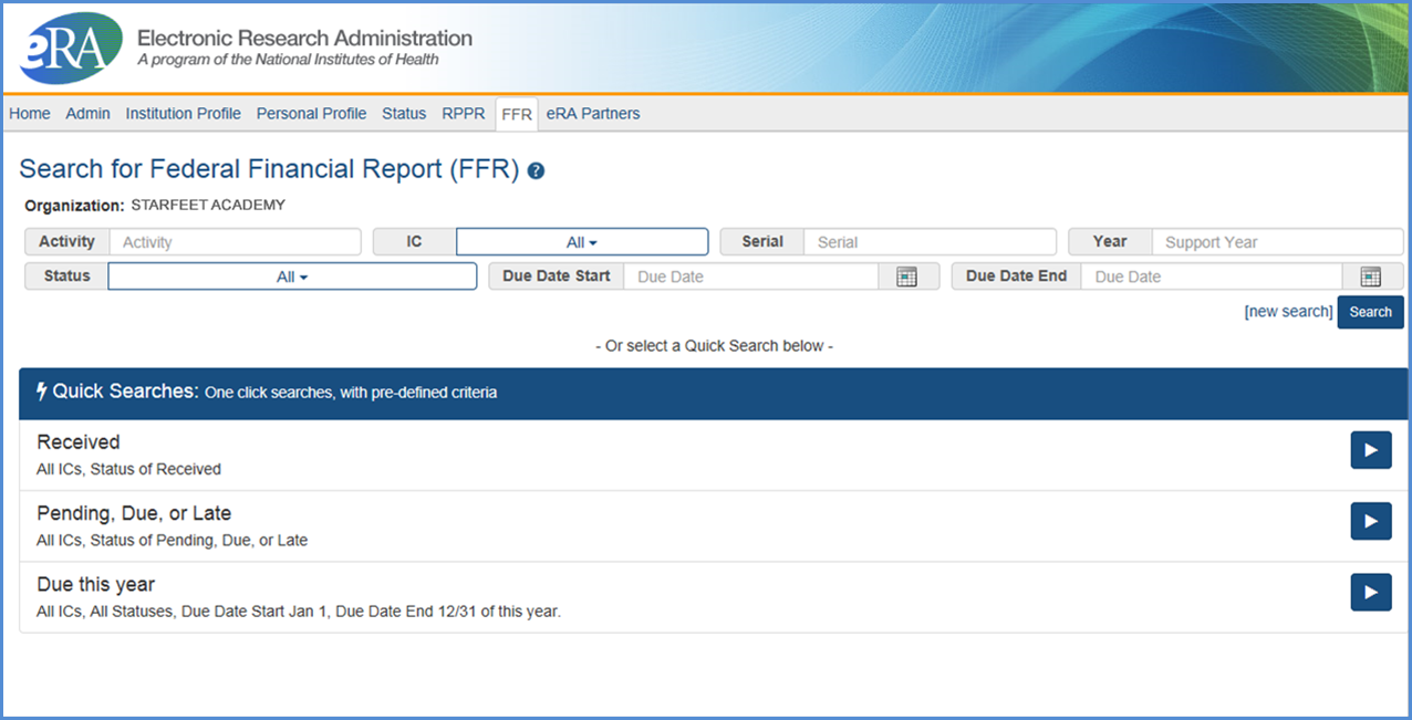 Search for Federal Financial Report (FFR) screen