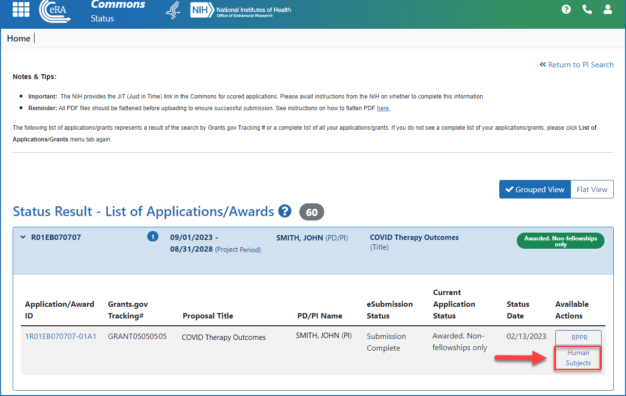 Figure 4: Accessing the Human Subjects link from the action column on the Status Results –List of Applications/Awards screen