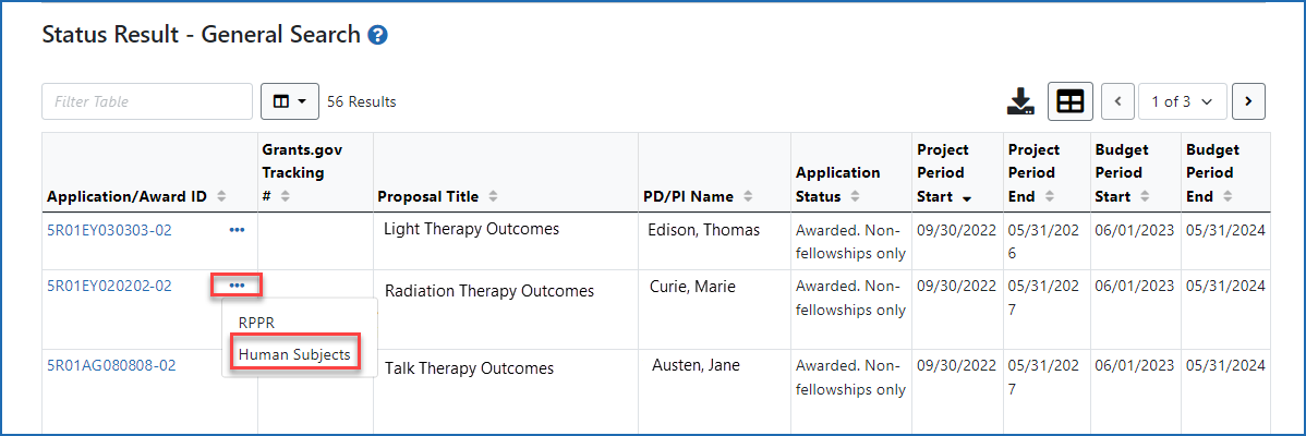 Figure 3: Accessing the Human Subjects link from the three-dot dropdown menu on the Status Results – General Search screen