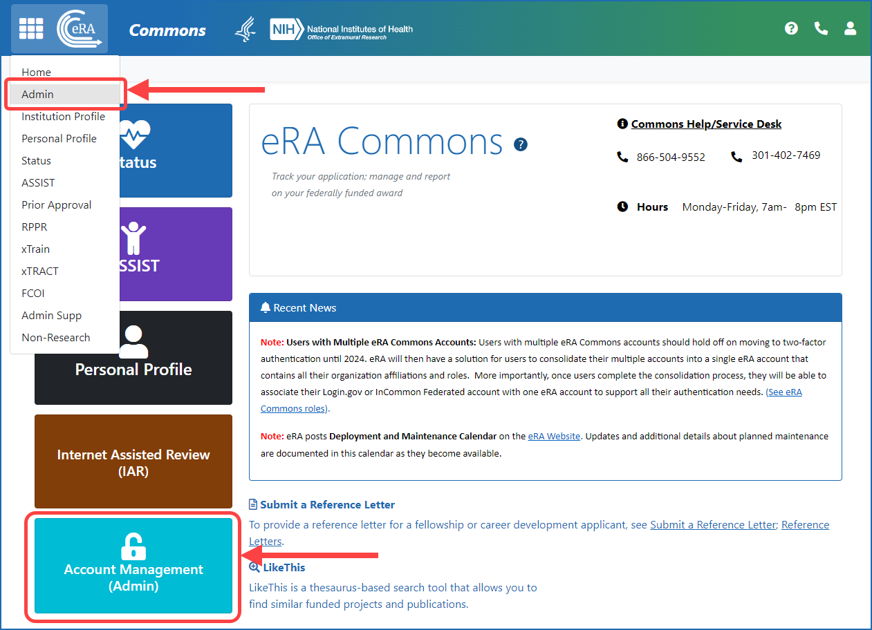 Figure 1: eRA Commons screen after login, showing the Account Management (Admin) button and Admin menu option under the eRA logo