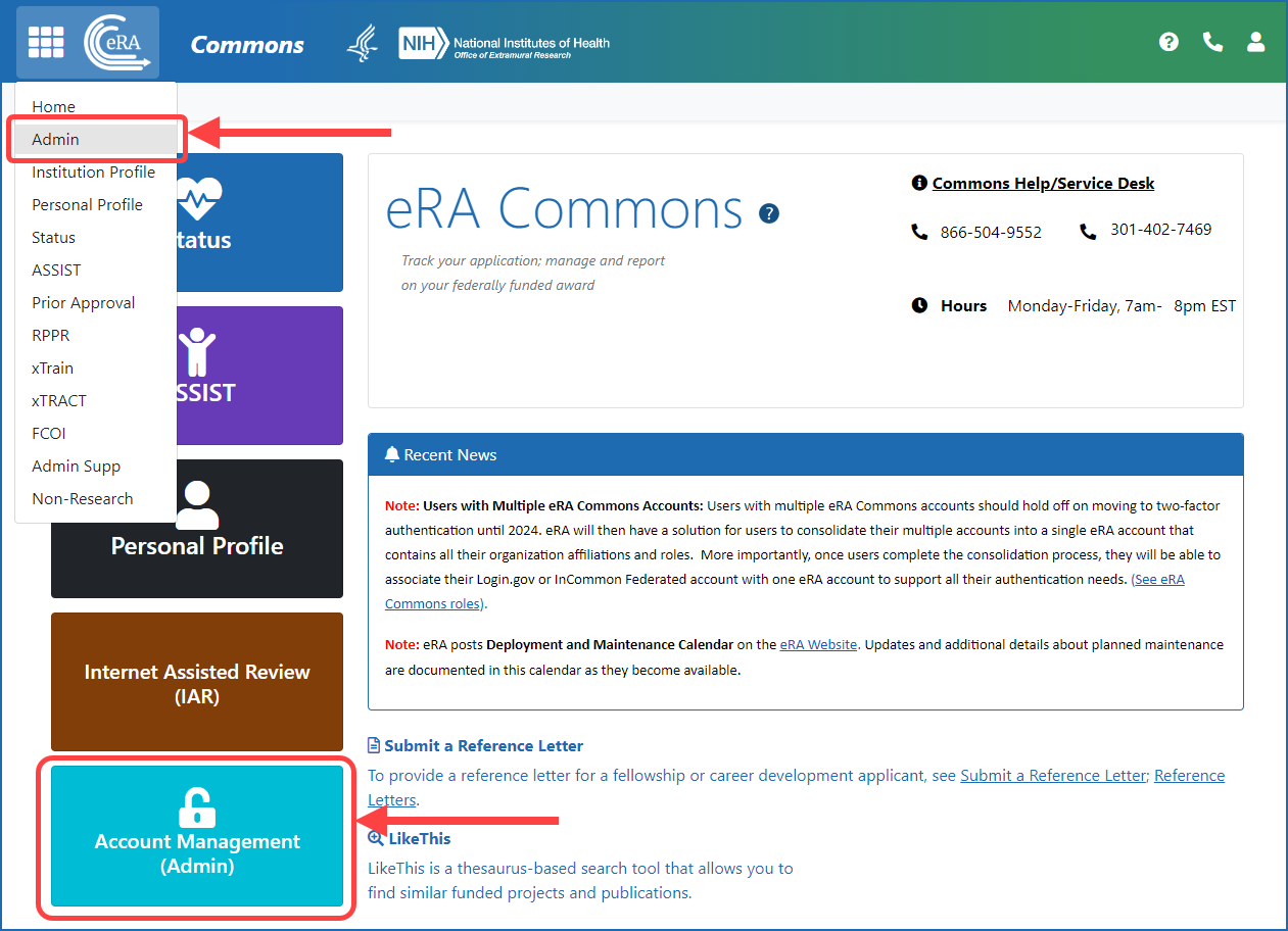 Figure 1: eRA Commons screen after login, showing the Account Management (Admin) button and Admin menu option under the eRA logo