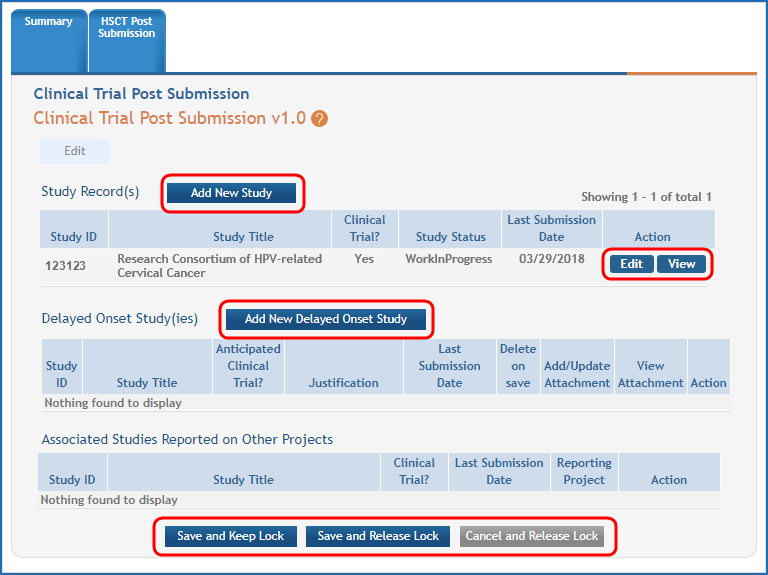 The Human Subjects Study Records form in HSS with buttons to add new studies, view or edit existing studies, and save record highlighted