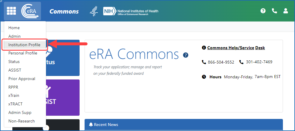 Figure 1: Institution Profile option in the the eRA Commons Main menu