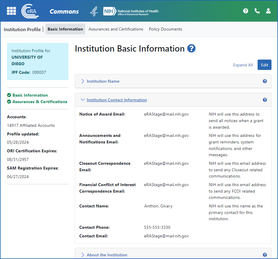 Figure 2: The Institutional Profile with the Institution Name section expanded and showing Institution Contact Information
