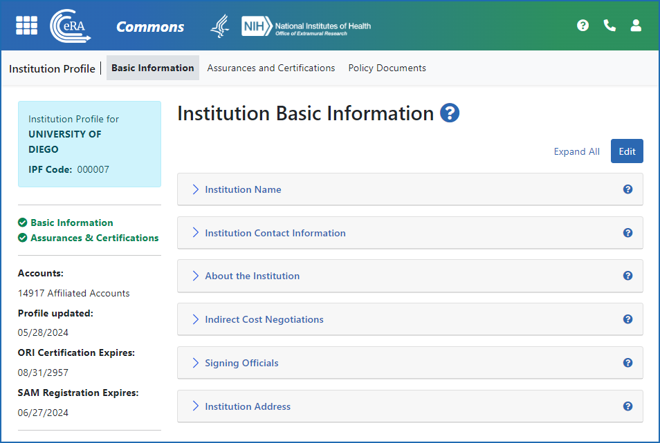 Figure 1: Institution Basic Information on the Institutional Profile (IPF), showing navigation tabs and informational categories