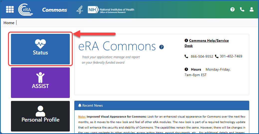 Figure 1: The Status button on the eRA Commons landing page