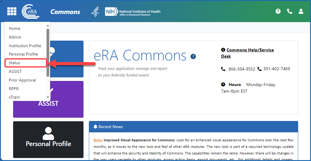 Figure 1: Accessing the Status module using the Main menu