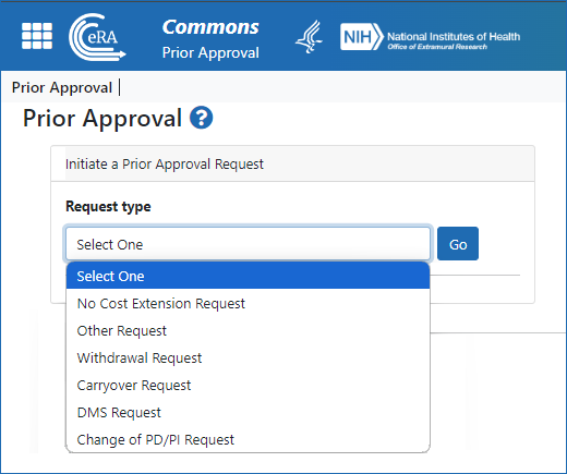 The Prior Approval screen showing the options for request types