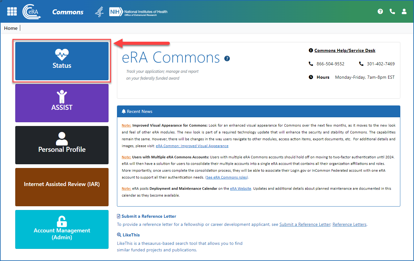 Figure 1: The Status button on the eRA Commons landing screen