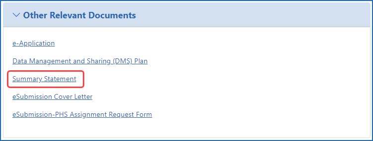 Figure 4: Other Relevant Documents section of the detailed Status Information screen showing the Summary Statement link
