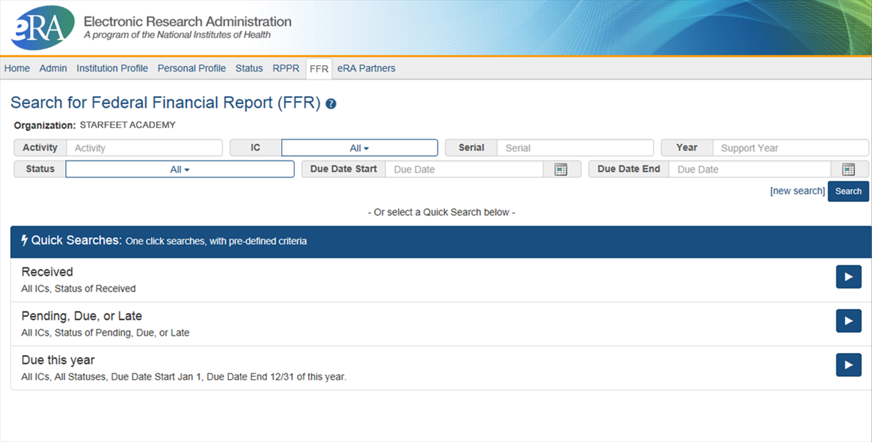 Search for Federal Financial Report (FFR) screen