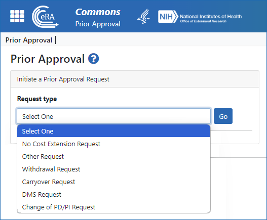 The Prior Approval landing screen, showing the Request Types dropdown