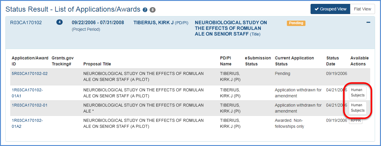 Human Subjects Links on PI Status Screen