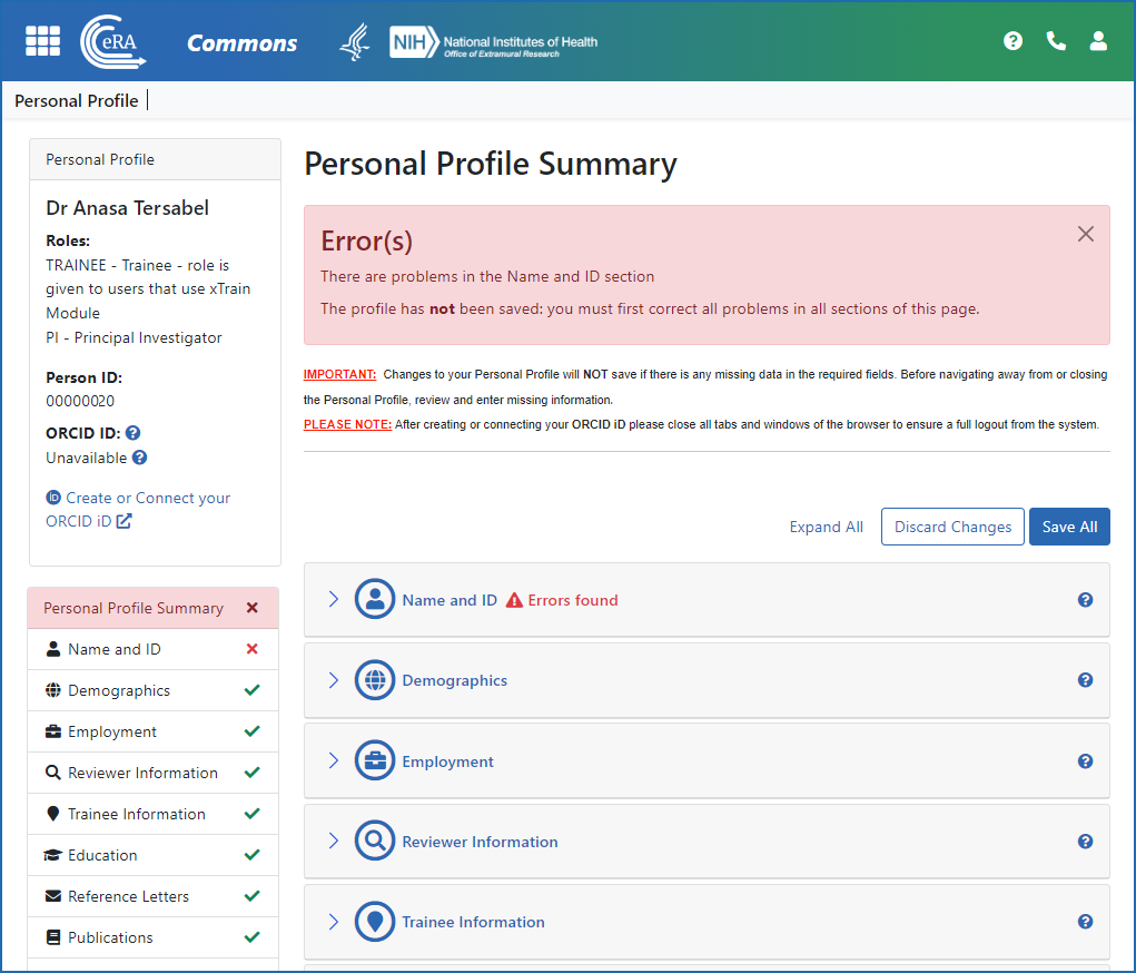 Figure 2: Personal Profile (PPF) screen showing errors and/or incomplete information in various categories