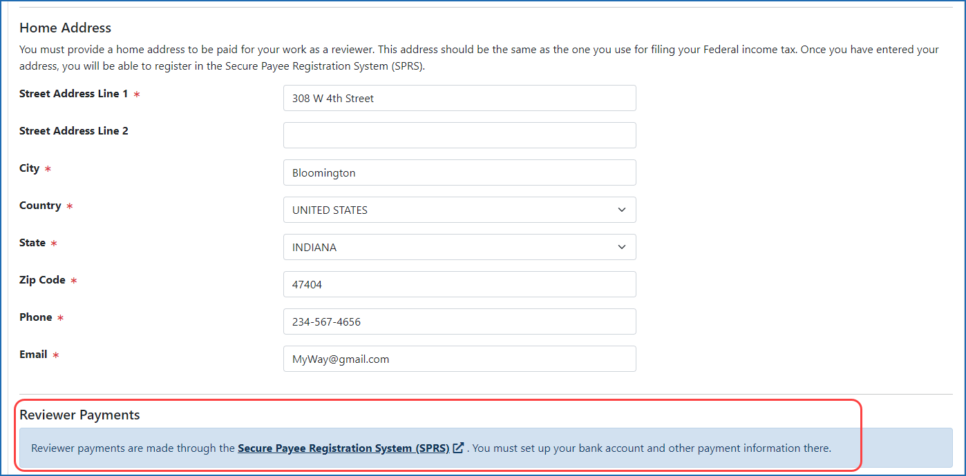PPF Reviewer Home Address and Payment link