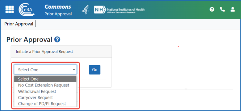 Figure 2: The Prior Approval screen showing the options for request types for NIH grants only.