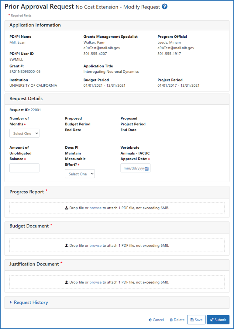 Figure 3: The No-Cost Extension form for NIH grants only in the Prior Approval module.