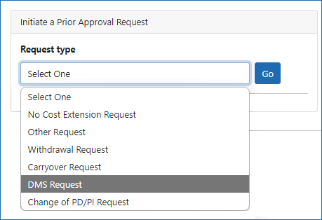 The dropdown for initiating a new request on the Prior Approval landing page, showing DMS Request