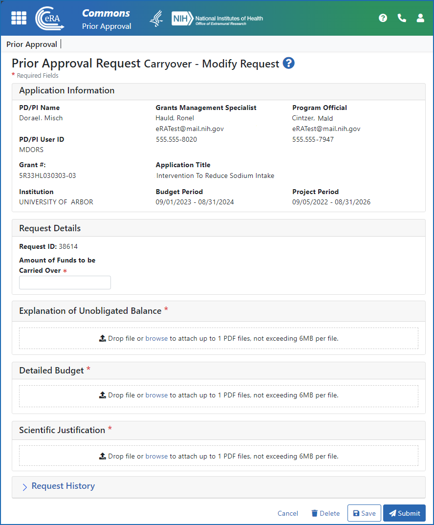 Figure 2: The Carryover request screen after initiating a Carryover request through the Prior Approval module