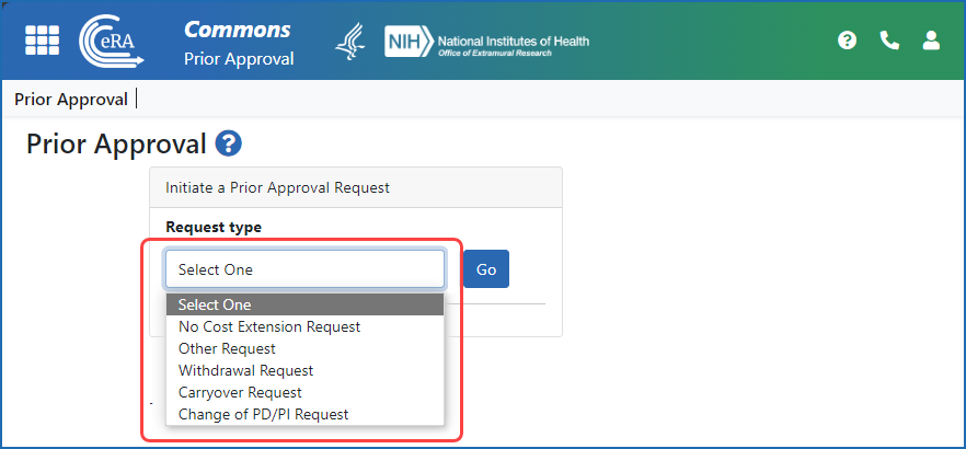 Figure 1: The Prior Approval screen showing the options for request types