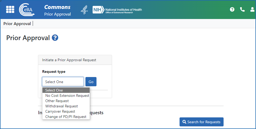  Figure 2: The Prior Approval screen showing the options for request types
