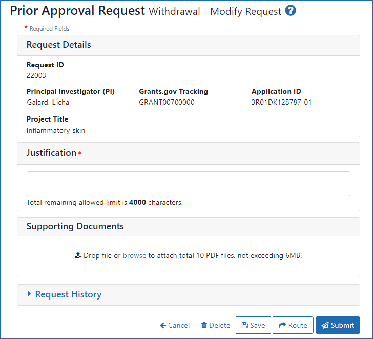 Figure 3: The Prior Approval Request— Withdrawal screen when submitting through the Prior Approval tab