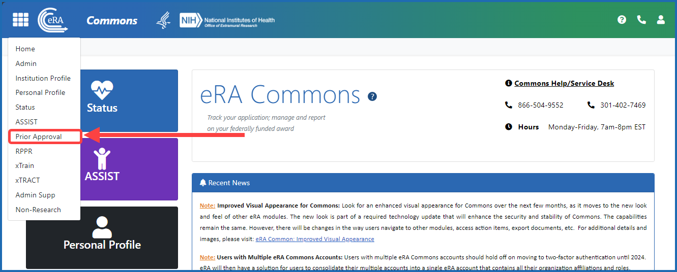 Figure 1: eRA Commons Prior Approval option from the Main eRA menu