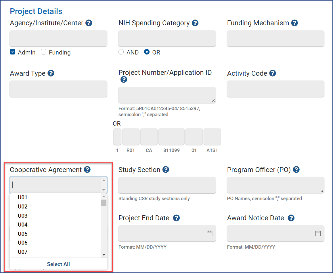 Figure 1 — Select individual activity codes or click Select All under Cooperative Agreement in the Project Details section