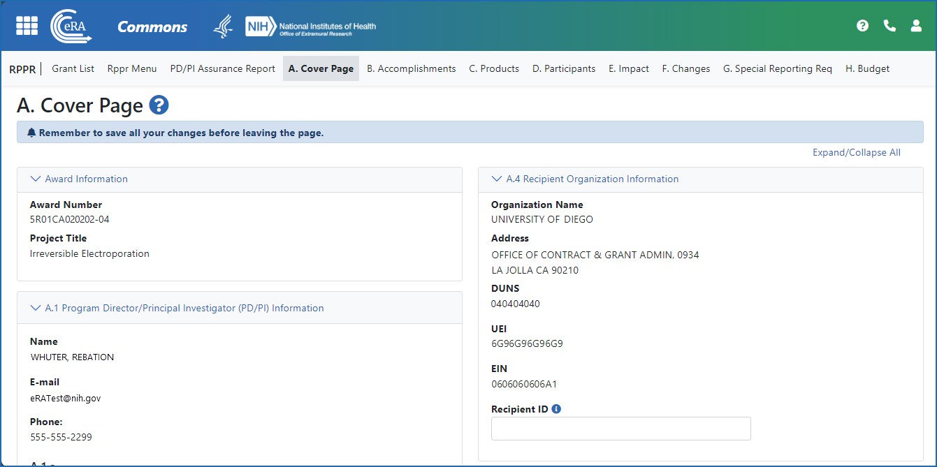 Figure 4: The Annual RPPR form and navigation tabs