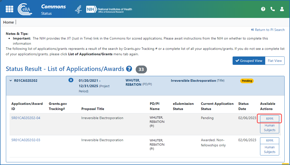 Figure 3: A principal investigator (PI) accesses an RPPR via the RPPR button in the Status module. 