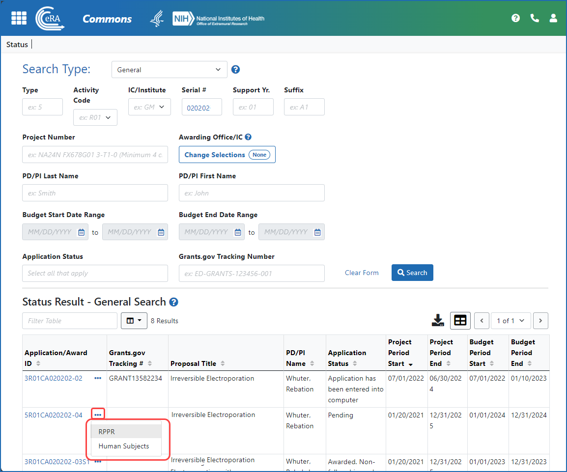 Figure 2: A signing official (SO) accesses an RPPR via the three-dot ellipsis menu in search results in the Status module. 