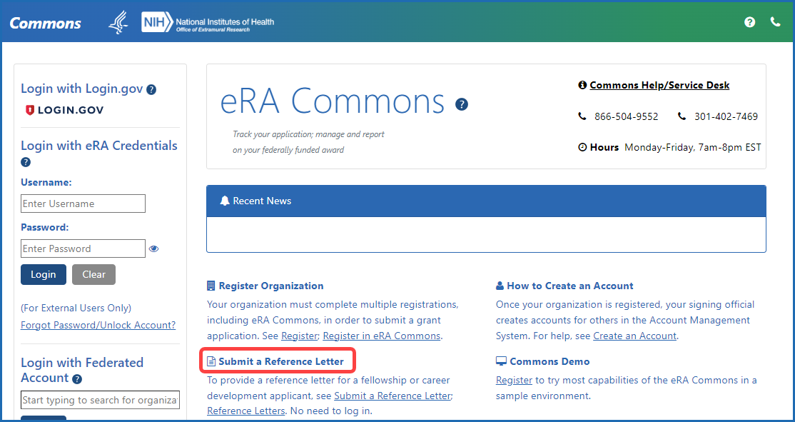 Figure 1: The Submit Reference Letter link on the eRA Commons home page