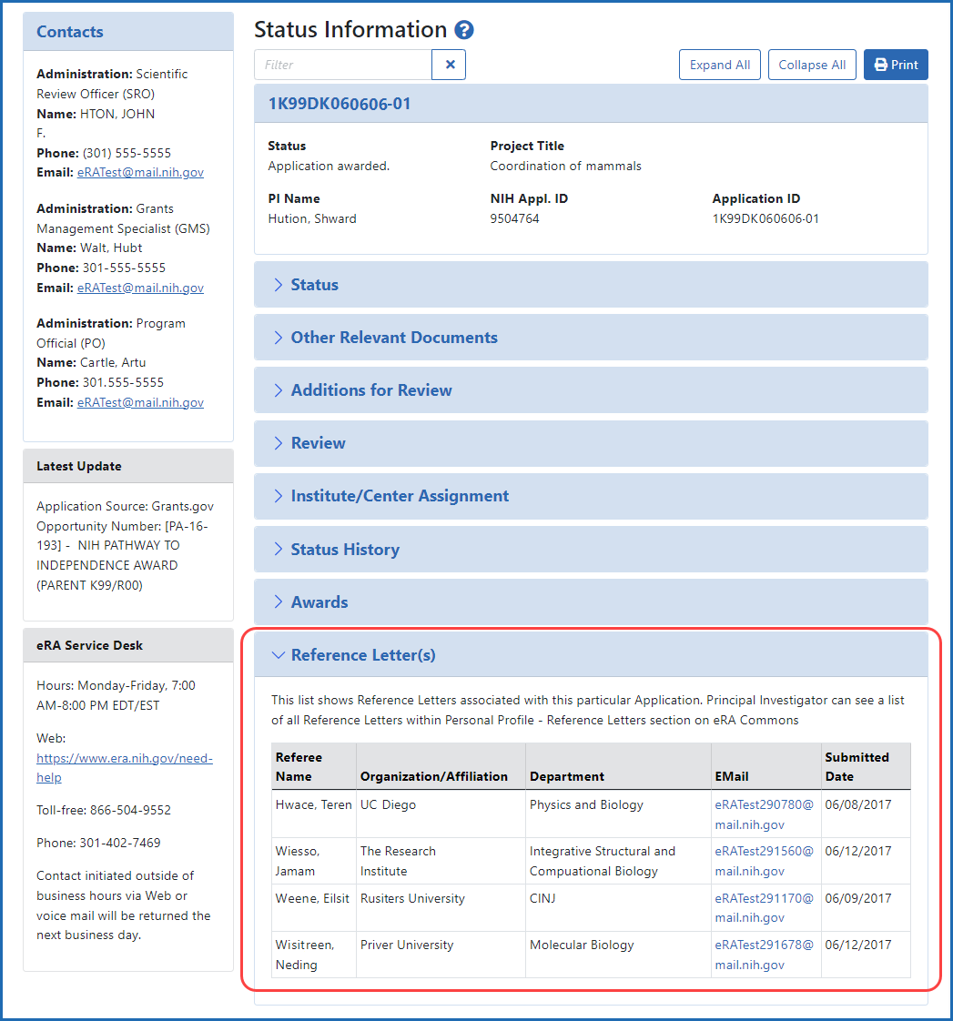 Figure 4: Reference Letter information for a submitted application displayed on the detailed Status information screen