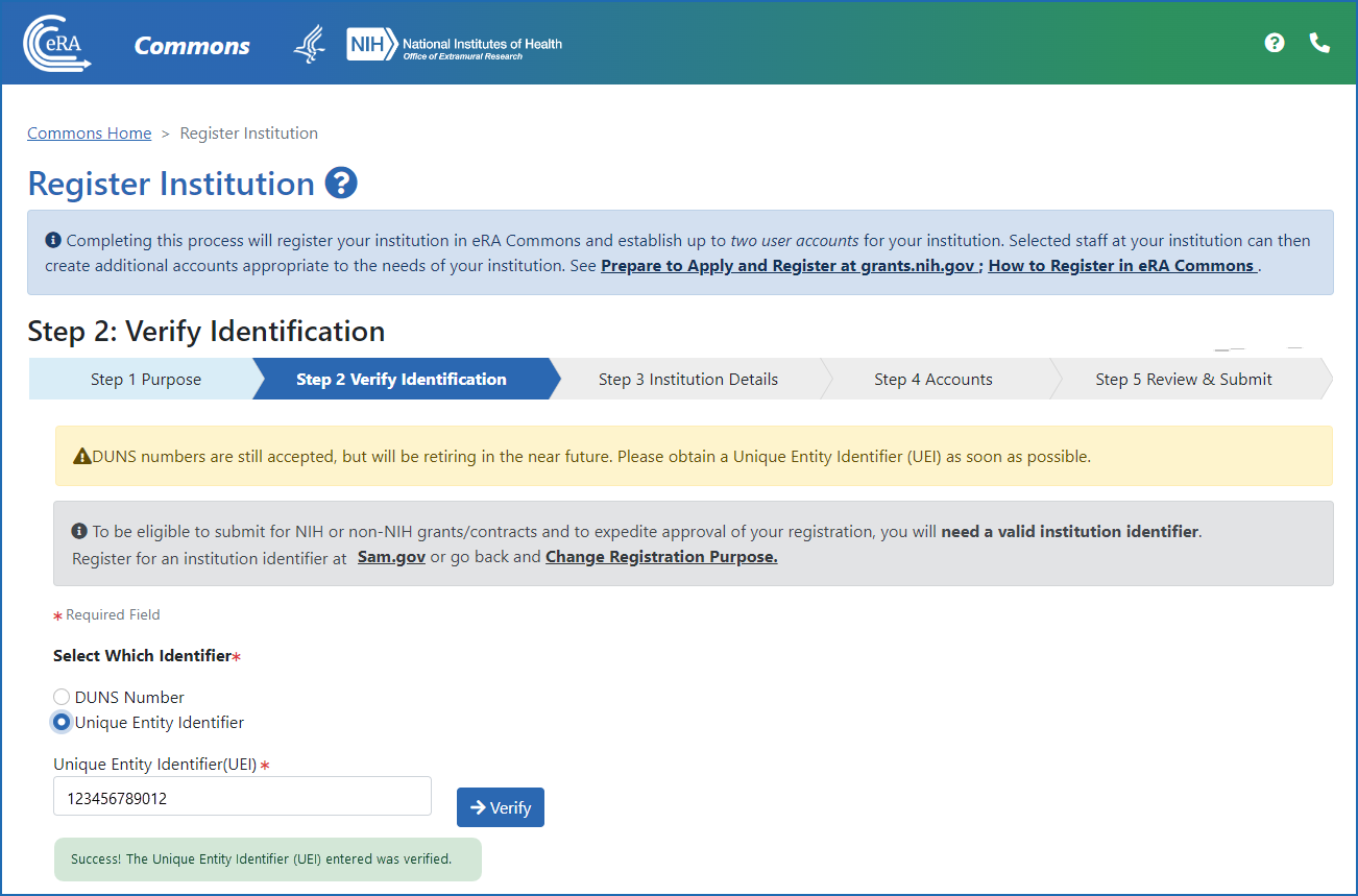 Figure 2: Register Institution screen, showing Step 2: Verify Identification