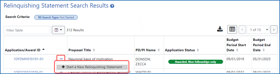 Figure 1: Status Search Results for "Not Started" awards, showing Start a New Relinquishing Statement under three-dot ellipsis menu