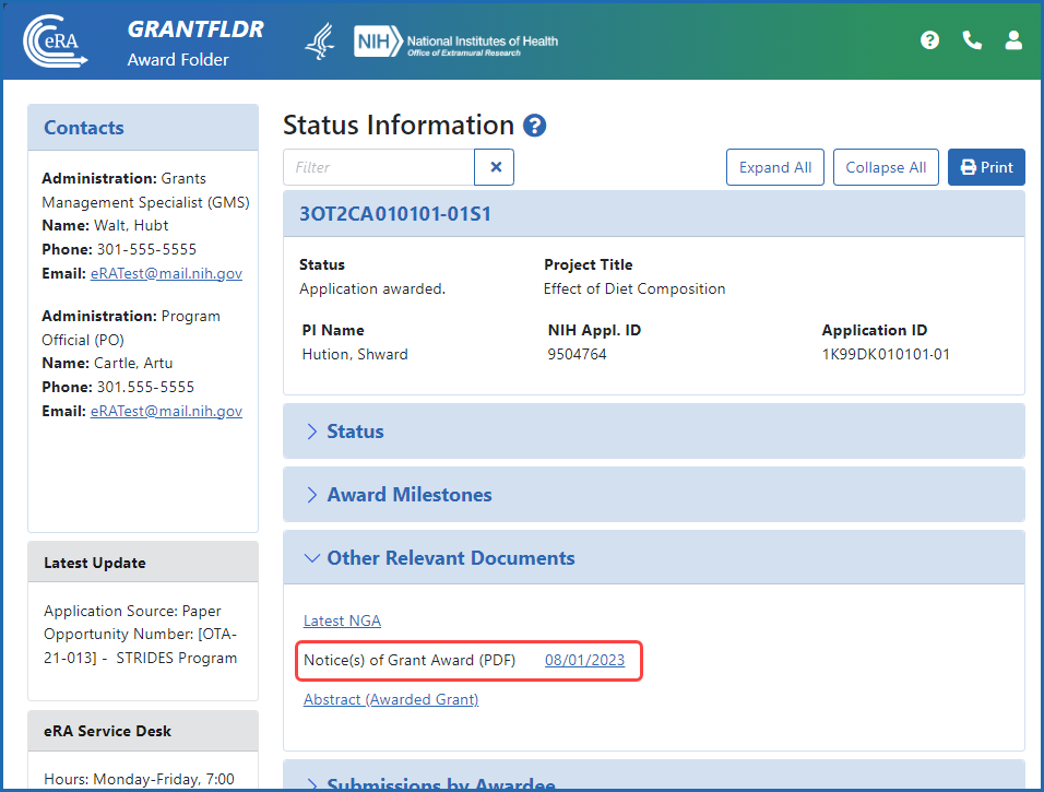 Figure 3: Detailed Status Information screen showing the Notice of Award (NoA) link in the Other Relevant Documents section