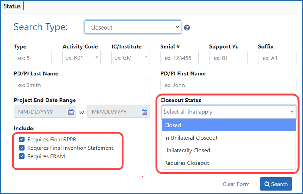 Figure 1: Signing official’s Closeout search screen, showing filter options