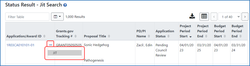 Figure 3: Signing official’s Status Result screen showing Just-in-Time (JIT) links