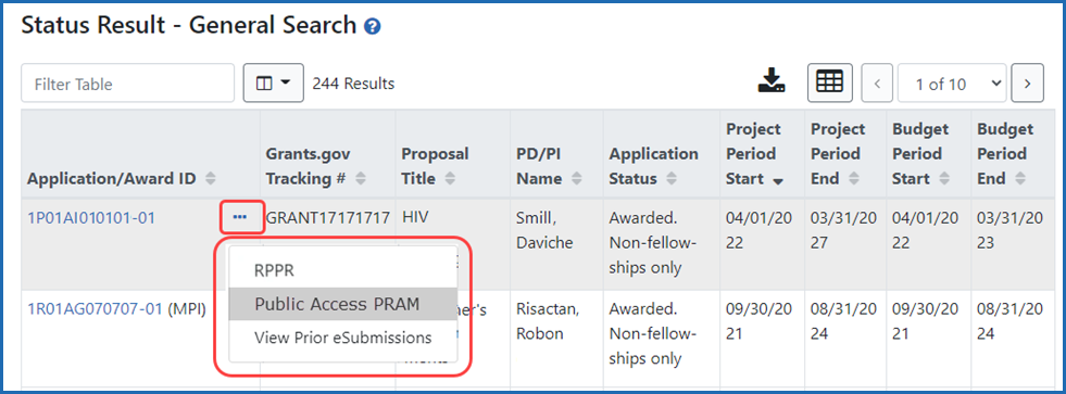 Figure 2: Status screen showing Public Access PRAM link (Progress Report Additional Materials)
