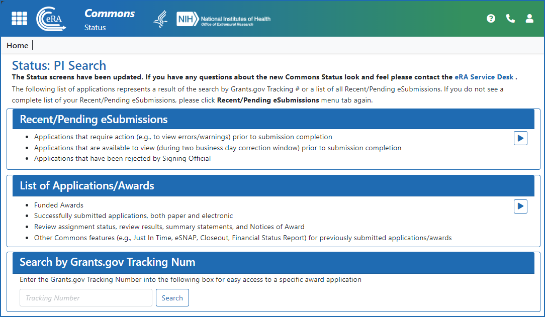 Figure 2: The PI Status Search screen shows three three ways to view the PI's projects