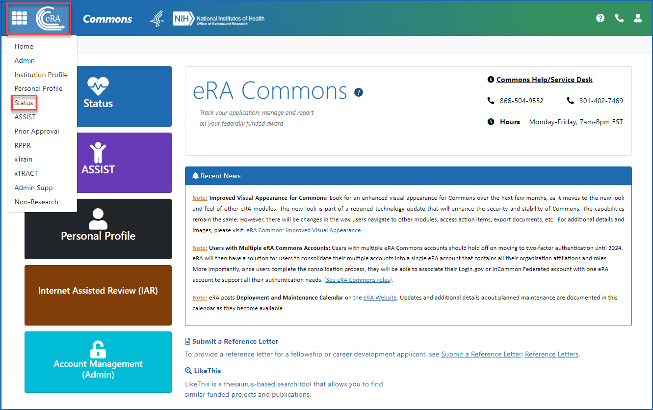 Figure 2: Accessing Status from the Main menu in upper left of any eRA Commons screen