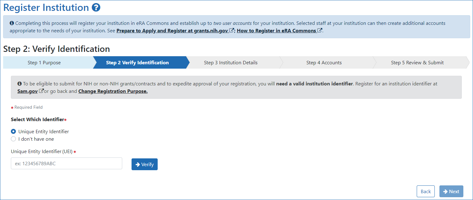 Figure 2: Register Institution screen, showing Step 2: Verify Identification