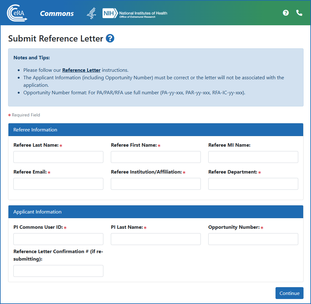 The Submit Reference Letter form that a referee fills out