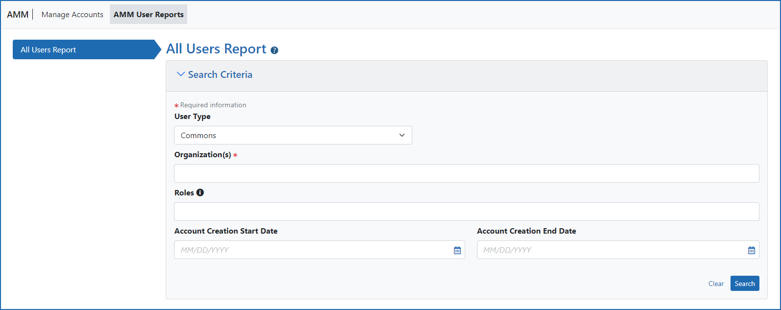 Account Management Module All Users Report screen 