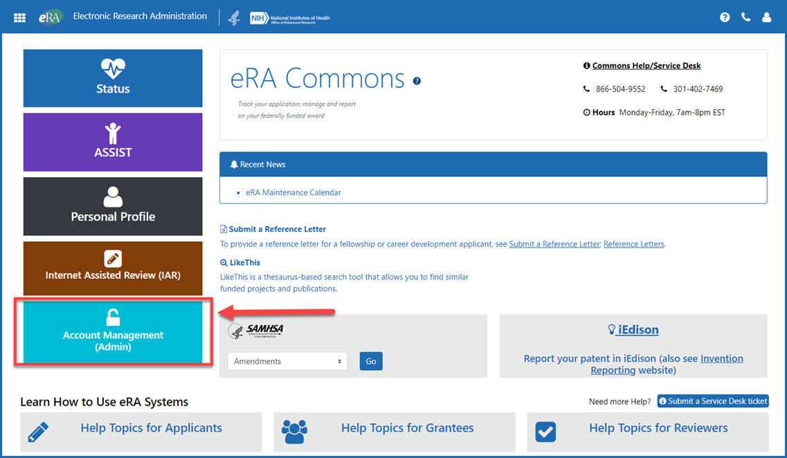 Figure 1: eRA Commons screen after login, showing the Account Management (Admin) button 