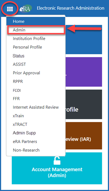 Figure 2: The eRA Commons screen after login, where you can click on the apps icon and select the Admin menu option