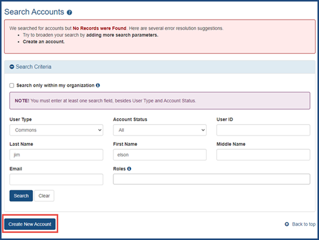 Figure 3: Account Management Module (AMM) Search Screen showing Create New Account button, once a search finds no account for the details you entered.