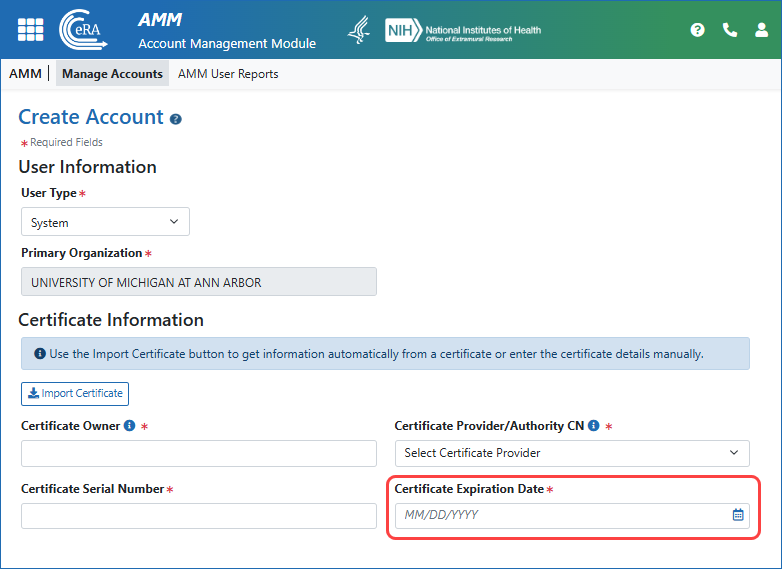 Figure 1.  The AMM Create Account screen, showing the new Certificate Expiration Date field