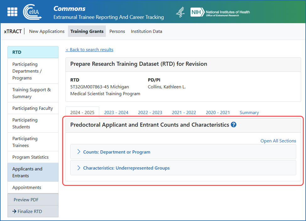 Characteristics section of the Applicants and Entrants screen of an RTD showing fewer characteristics than before 