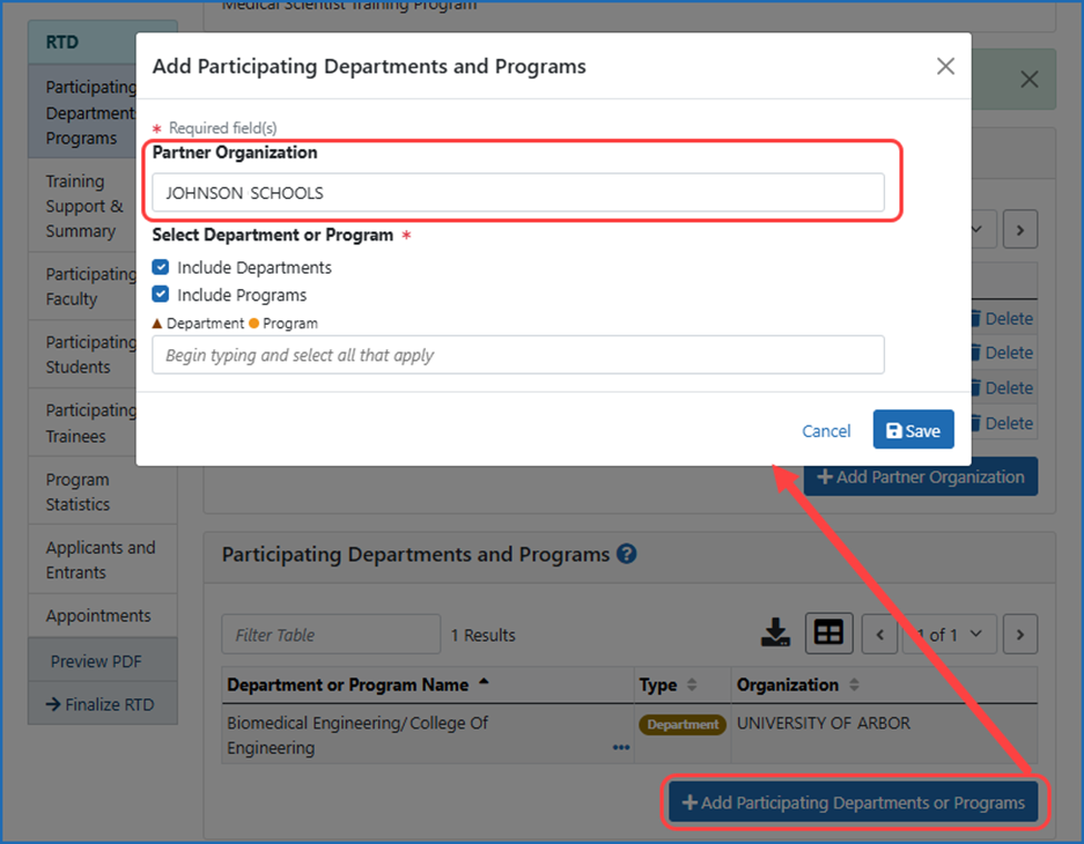 Add Participating Departments or Programs button on the Participating Departments/Programs screen of an RTD